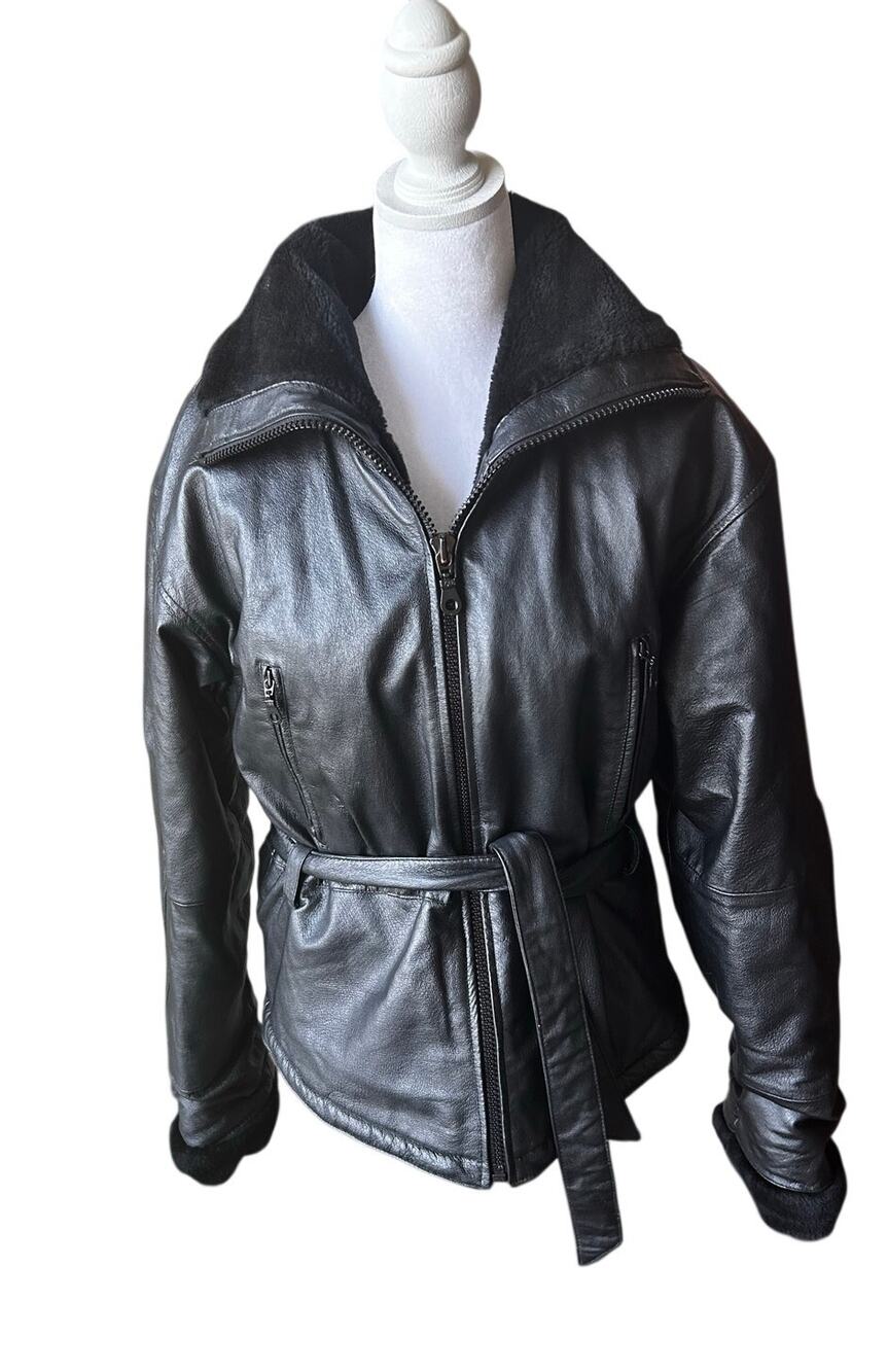 Vintage Wilda Genuine Leather Belted Bomber Jacket Women's Large Fur Collar Coat